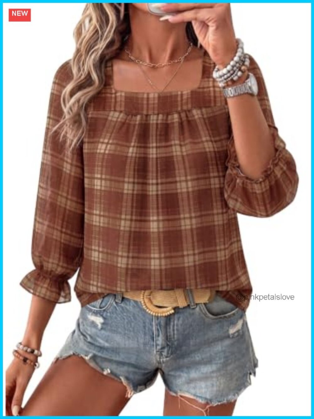 EVALESS Women's Boho Square Neck 3/4 Puff Sleeve Blouse Flowy Fall Top